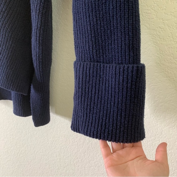 Anthropologie Womens navy stitched chunky knit v neck hooded sweatshirt M - Picture 3 of 9